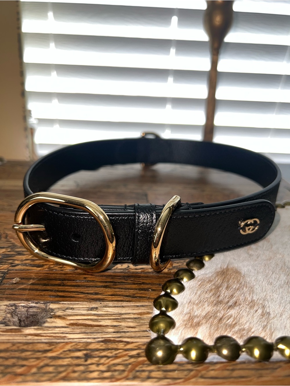 Gucci Black Leather dog collar with Gold Hardware